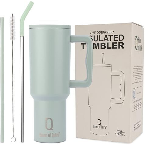 House Of Quirk 1200Ml Stainless Steel Tumbler Hot And Cold With Handle And Lid 2 Straw, Double Insulated Cup Leak Proof Mug Cupholder For Gym, Travelling (Lime Pistachio)