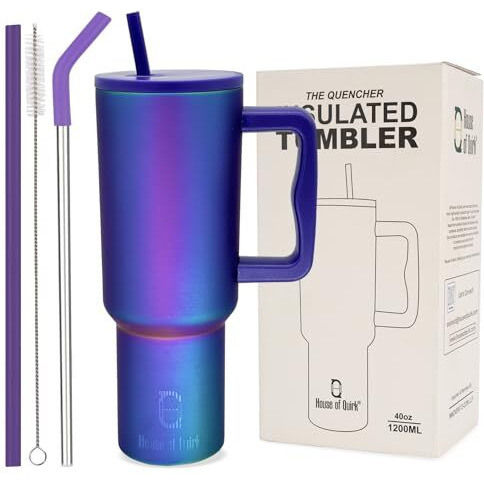 House Of Quirk 1200Ml Stainless Steel Tumbler Hot And Cold With Handle And Lid 2 Straw, Double Insulated Cup Leak Proof Mug Cupholder For Gym, Travelling (Aurora Prism)