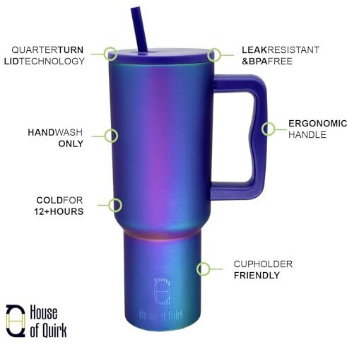 House Of Quirk 1200Ml Stainless Steel Tumbler Hot And Cold With Handle And Lid 2 Straw, Double Insulated Cup Leak Proof Mug Cupholder For Gym, Travelling (Aurora Prism)