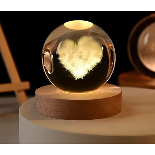 One94Store 3D Love Heart Crystal Ball Night Lamp  Engraved Crystal Glass Ball With Warm White Led, Usb Wooden Base Table Lamp For Home, Office, Birthday & Romantic Gifts (Love Heart Design)
