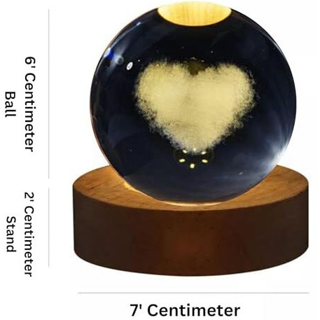One94Store 3D Love Heart Crystal Ball Night Lamp  Engraved Crystal Glass Ball With Warm White Led, Usb Wooden Base Table Lamp For Home, Office, Birthday & Romantic Gifts (Love Heart Design)
