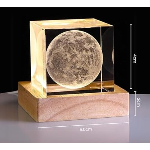 One94Store 3D Crystal Cube Moon Lamp, Creative Engraved Crystal Ball Night Light, Usb Table Led Wooden Crystal Lamp For Home Office Decoration Birthday Gift Adults (Warm White)