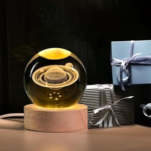 One94Store 3D Saturn Crystal Ball Night Lamp,Creative Engraved Crystal Ball Night Light, Usb Table Led Wooden Crystal Ball For Home Office Decoration Birthday Gift Adults (Saturn)(Warm White)