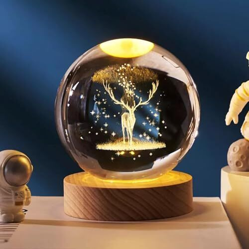 One94Store 3D Deer Crystal Globe Lamp Creative Engraved Crystal Ball Night Light Usb Table Led Wooden Crystal Ball For Home Office Decoration Birthday Gift Adults (Deer 6 Cm)(Warm White)