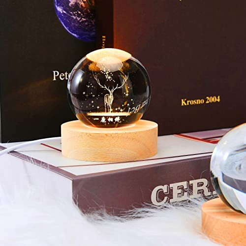 One94Store 3D Deer Crystal Globe Lamp Creative Engraved Crystal Ball Night Light Usb Table Led Wooden Crystal Ball For Home Office Decoration Birthday Gift Adults (Deer 6 Cm)(Warm White)