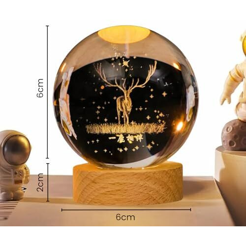 One94Store 3D Deer Crystal Globe Lamp Creative Engraved Crystal Ball Night Light Usb Table Led Wooden Crystal Ball For Home Office Decoration Birthday Gift Adults (Deer 6 Cm)(Warm White)