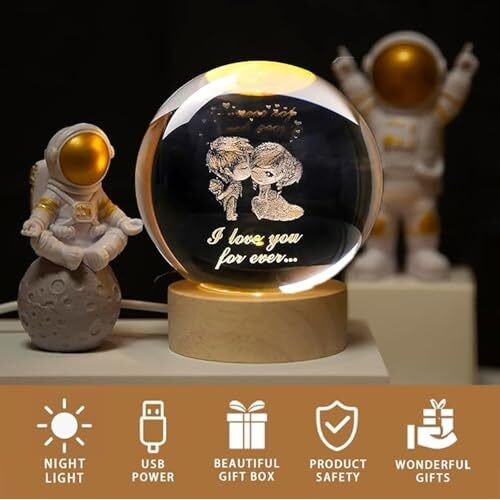 One94Store 3D Crystal Ball Night Lamp  Engraved Led Light With Love Message, Usb-Powered Table Lamp, Wooden Base, Romantic Home & Office Dcor, Bedroom, Anniversary, Birthday Gift (Warm White)