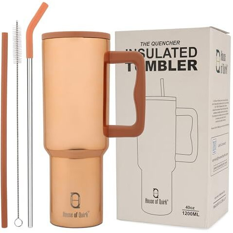 House Of Quirk 1200Ml Stainless Steel Tumbler Hot And Cold With Handle And Lid 2 Straw, Double Insulated Cup Leak Proof Mug Cupholder For Gym, Travelling (Mettalic Gold)
