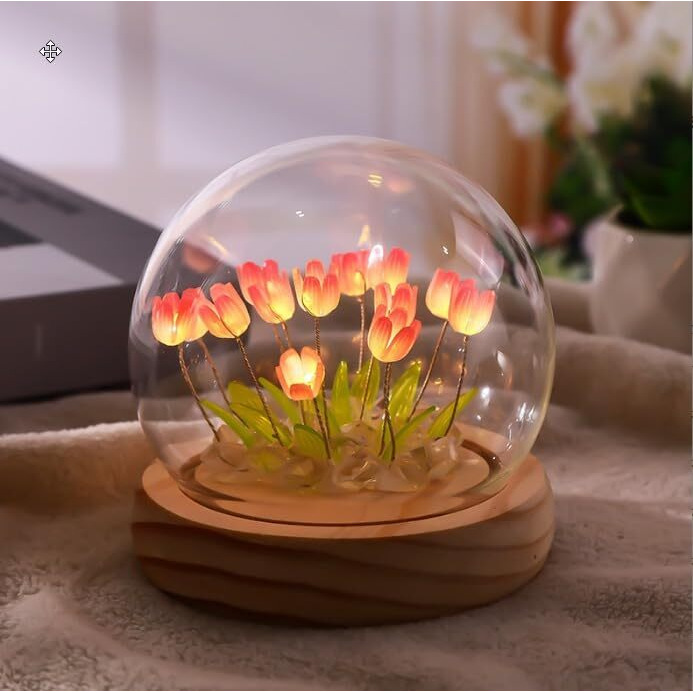 One94Store Tulip Led Night Light  Decorative Glass Table Lamp With 10 Artificial Flowers, Soft Glow For Bedroom, Living Room, Birthday & Gifts (8 Cm, Pink-Color)