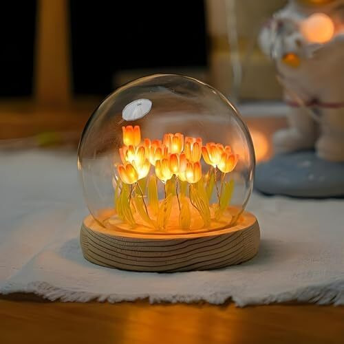 One94Store Tulip Led Night Light  Decorative Glass Table Lamp With 10 Artificial Flowers, Soft Glow For Bedroom, Living Room, Birthday & Gifts (8 Cm, Pink-Color)