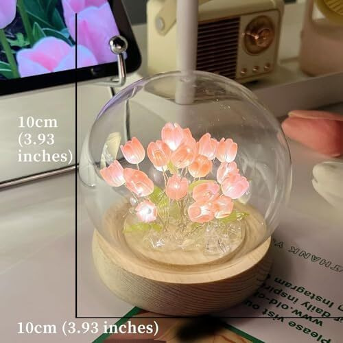 One94Store Tulip Led Night Light  Decorative Glass Table Lamp With 10 Artificial Flowers, Soft Glow For Bedroom, Living Room, Birthday & Gifts (8 Cm, Pink-Color)
