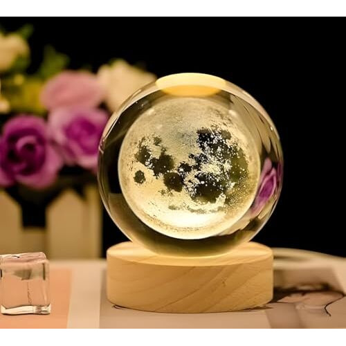 One94Store 3D Crystal Moon Lamp  Engraved Crystal Ball Led Night Light With Wooden Base, Usb Powered, Ideal For Home & Office Dcor, Birthday Gift For Adults (Warm White)