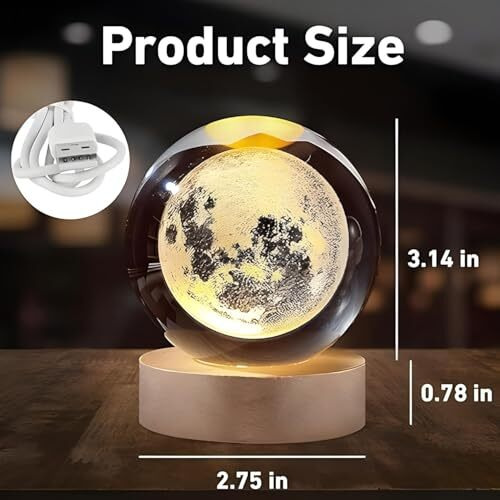 One94Store 3D Crystal Moon Lamp  Engraved Crystal Ball Led Night Light With Wooden Base, Usb Powered, Ideal For Home & Office Dcor, Birthday Gift For Adults (Warm White)