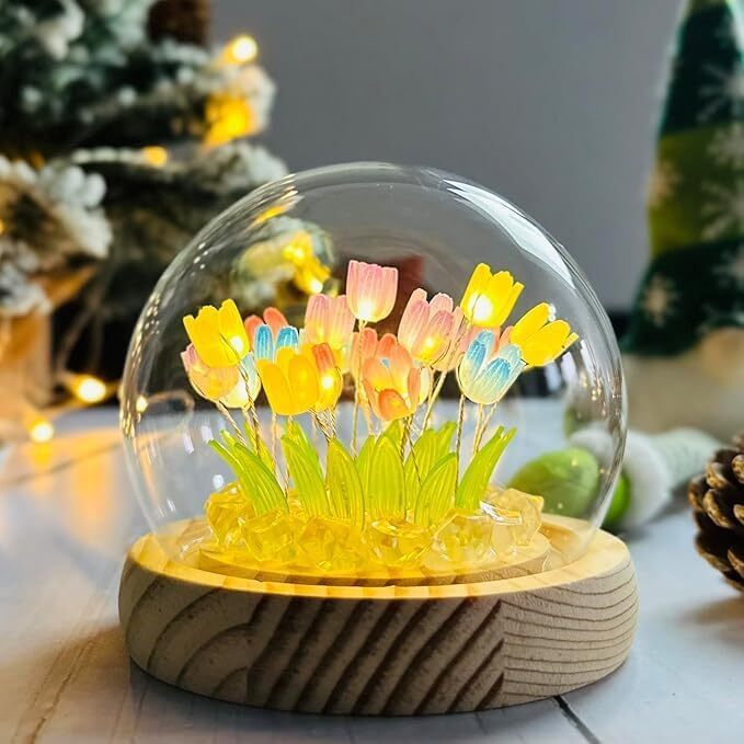 One94Store Tulip Led Night Light  Decorative Glass Table Lamp With 10 Artificial Flowers, Soft Glow For Bedroom, Living Room, Birthday & Gifts (8 Cm, Multi-Color)