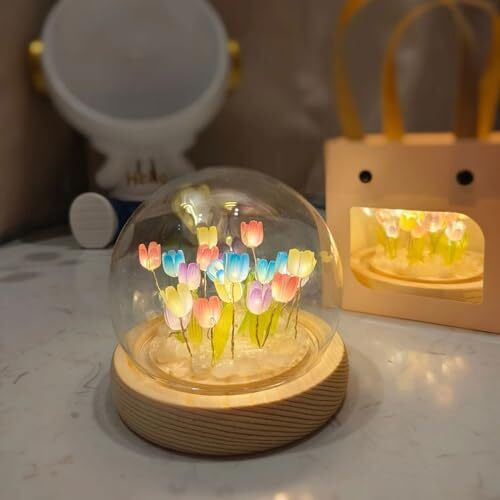 One94Store Tulip Led Night Light  Decorative Glass Table Lamp With 10 Artificial Flowers, Soft Glow For Bedroom, Living Room, Birthday & Gifts (8 Cm, Multi-Color)