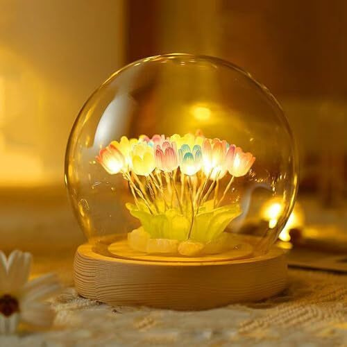 One94Store Tulip Led Night Light  Decorative Glass Table Lamp With 10 Artificial Flowers, Soft Glow For Bedroom, Living Room, Birthday & Gifts (8 Cm, Multi-Color)