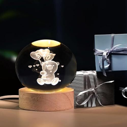 One94Store 3D Crystal Ball Night Lamp  Engraved Led Light With Teddy Bear Design, Usb-Powered Table Lamp, Wooden Base, Romantic Home & Office Dcor, Bedroom, Anniversary, Birthday Gift (Warm White)