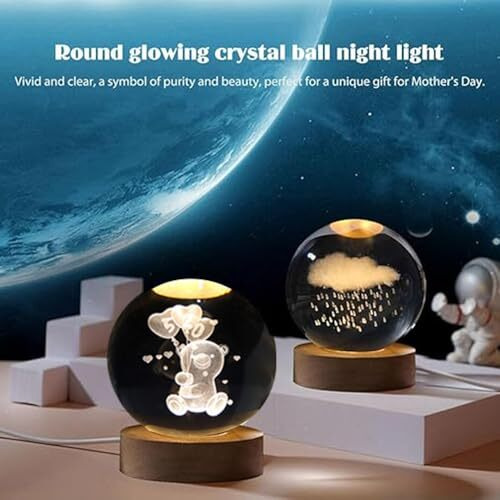 One94Store 3D Crystal Ball Night Lamp  Engraved Led Light With Teddy Bear Design, Usb-Powered Table Lamp, Wooden Base, Romantic Home & Office Dcor, Bedroom, Anniversary, Birthday Gift (Warm White)