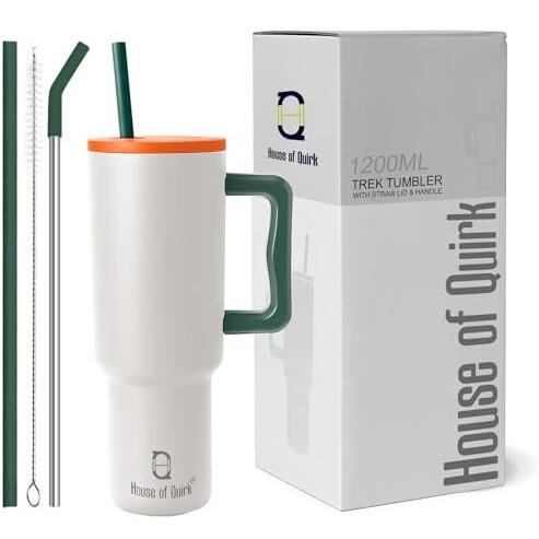 House Of Quirk 1200Ml Stainless Steel Tumbler Hot And Cold With Handle And Lid 2 Straw, Double Insulated Cup Leak Proof Mug Cupholder For Gym, Travelling (Tricolor)