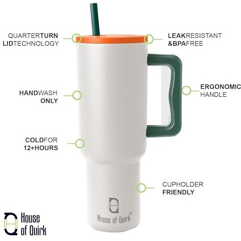 House Of Quirk 1200Ml Stainless Steel Tumbler Hot And Cold With Handle And Lid 2 Straw, Double Insulated Cup Leak Proof Mug Cupholder For Gym, Travelling (Tricolor)