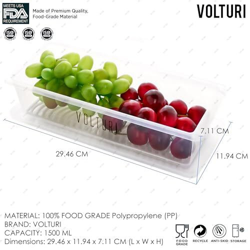 Volturi Fridge Storage Containers (Pack Of 5), Fridge Organiser Storage Boxes With Removable Drain Plate, Lids, Stackable Organizer, Fridge Storage Box Keep Fruits, Vegetables Fresher, 1500 Ml