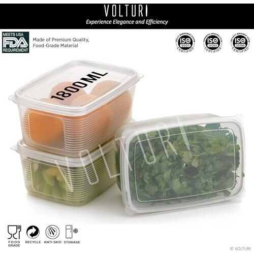 Volturi Fridge Storage Containers (Pack Of 1), Fridge Organiser Storage Boxes With Removable Drain Plate, Lids, Stackable Organizer, Fridge Storage Box Keep Fruits, Vegetables Fresher, 1800 Ml