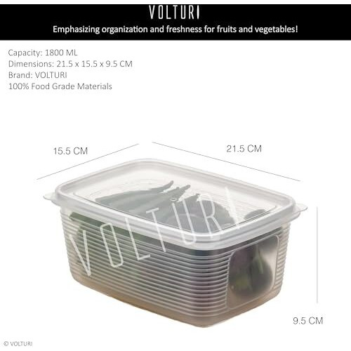 Volturi Fridge Storage Containers (Pack Of 1), Fridge Organiser Storage Boxes With Removable Drain Plate, Lids, Stackable Organizer, Fridge Storage Box Keep Fruits, Vegetables Fresher, 1800 Ml