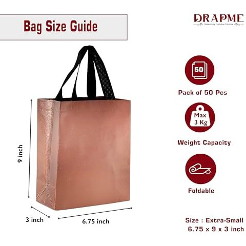 Drapme Extra-Small Size Pack Of 50 Pcs Glossy Metallic Laminated Non-Woven Reusable Eco-Friendly Party Return Gift Bags (Copper) (Extra-Small 6.75X9X3 Inch)