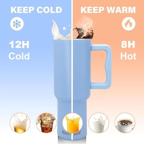 House Of Quirk 1200Ml Stainless Steel Tumbler Hot And Cold With Handle And Lid 2 Straw, Double Insulated Cup Leak Proof Mug Cupholder For Gym, Travelling (Mistblue)