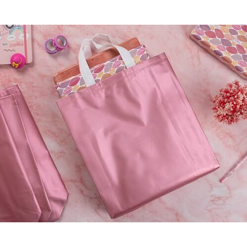 Drapme Medium Size Pack Of 50 Pcs Matt Metallic Laminated Non-Woven Reusable Eco-Friendly Party Return Gift Bags (Flamingo Pink) (Medium 12X13X4 Inch)