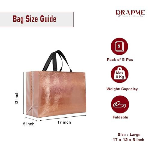 Drapme Large Size Pack Of 5 Pcs Glossy Metallic Laminated Non-Woven Reusable Eco-Friendly Party Return Gift Bags (Copper) (Large 17X12X5 Inch)