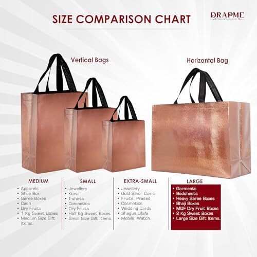 Drapme Large Size Pack Of 5 Pcs Glossy Metallic Laminated Non-Woven Reusable Eco-Friendly Party Return Gift Bags (Copper) (Large 17X12X5 Inch)