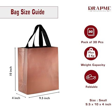 Drapme Small Size Pack Of 30 Pcs Glossy Metallic Laminated Non-Woven Reusable Eco-Friendly Party Return Gift Bags (Copper) (Small 9.5X10X4 Inch)
