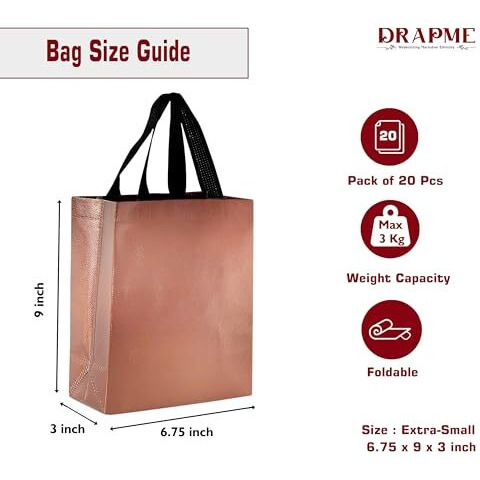 Drapme Extra-Small Size Pack Of 20 Pcs Glossy Metallic Laminated Non-Woven Reusable Eco-Friendly Party Return Gift Bags (Copper) (Extra-Small 6.75X9X3 Inch)