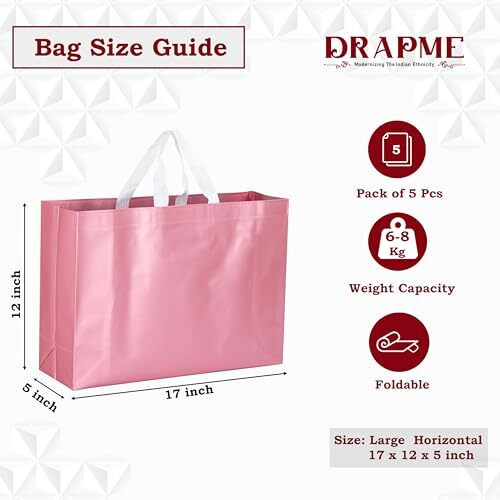 Drapme Large Size Pack Of 5 Pcs Matt Metallic Laminated Non-Woven Reusable Eco-Friendly Party Return Gift Bags (Flamingo Pink) (Large 17X12X5 Inch)