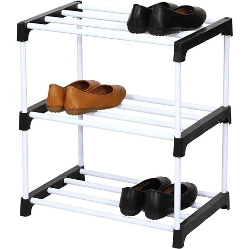 Lotspek Footwear Stand & Shelves Shoe Rack For Home | Floor Standing Shoes Shelf | 3 Tier Layer Plastic Foldable Shoe Stand, Shoe Organiser For Home & Office (Black, Pvc)