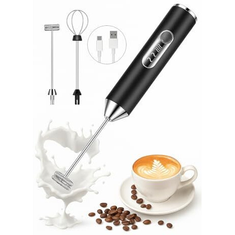Konquer Times Handheld Milk Frother Rechargeable, 3-Speed Electric Frother For Coffee With 2 Whisks, Coffee Frother Mixer, Stand-Up Design, For Cream, Latte, Cappuccino And For Butter Milk