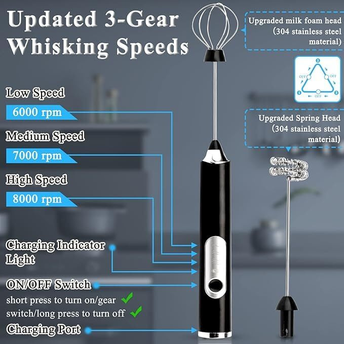 Konquer Times Handheld Milk Frother Rechargeable, 3-Speed Electric Frother For Coffee With 2 Whisks, Coffee Frother Mixer, Stand-Up Design, For Cream, Latte, Cappuccino And For Butter Milk