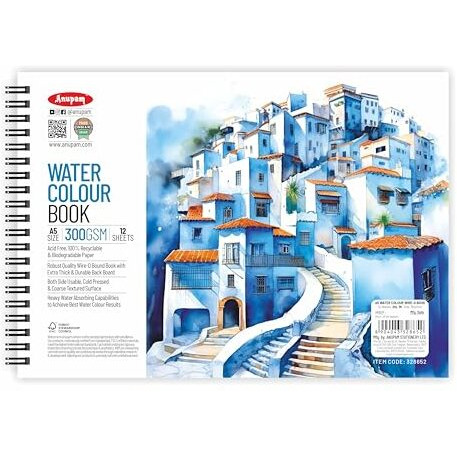 Anupam Artists Watercolour Wire-O Book 300 Gsm Cold Pressed A5, 24 Pages For Watercolour, Gouache, Ink, Acrylic, Wet & Mixed Media, Art Painting, Drawing For Artists & Amateurs