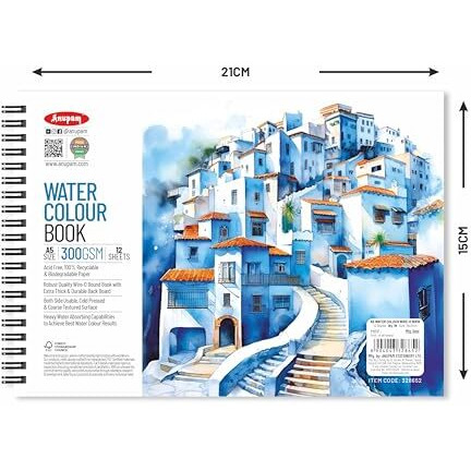 Anupam Artists Watercolour Wire-O Book 300 Gsm Cold Pressed A5, 24 Pages For Watercolour, Gouache, Ink, Acrylic, Wet & Mixed Media, Art Painting, Drawing For Artists & Amateurs