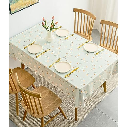 Wolpin Polyvinyl Chloride Pvc Dining Rectangular Table Cover & 4 Seater Center Table Cloth - Green Daisy Flower Print Oil Proof, Waterproof