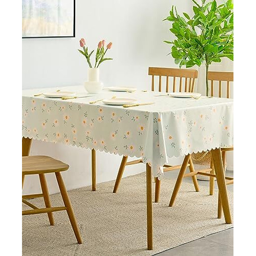 Wolpin Polyvinyl Chloride Pvc Dining Rectangular Table Cover & 4 Seater Center Table Cloth - Green Daisy Flower Print Oil Proof, Waterproof