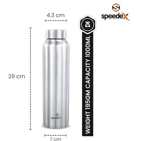 Speedex Stainless Steel Water Bottle 1 Ltr For Kids, Boys, Girls, 1 Litre Bottles For Gym, Sports, Fridge Use, School & Office - 1000Ml, Silver Colour, Set Of 1, Steel Cap