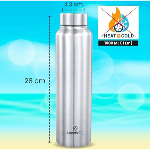 Speedex Stainless Steel Water Bottle 1 Ltr For Kids, Boys, Girls, 1 Litre Bottles For Gym, Sports, Fridge Use, School & Office - 1000Ml, Silver Colour, Set Of 1, Steel Cap
