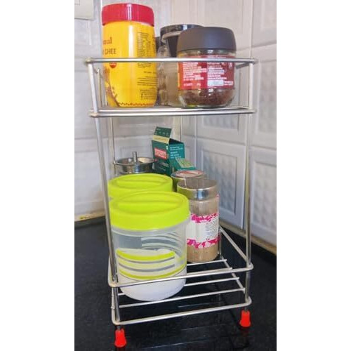 Cri8Hub Heavy Stainless Steel 2 Tier Kitchen Rack - Spice Boxes Rack Kitchen Stand - Cosmetic Organizer, Counter Top Basket -Floor Mounted Shelf For Home, Tiered Shelf