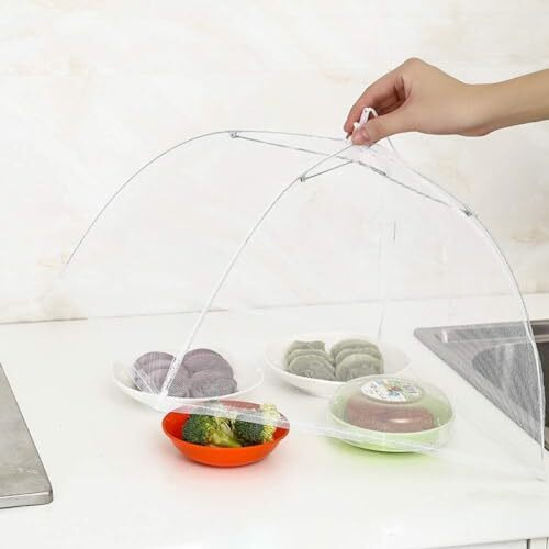Hodaqe Food Cover For Outside 2Pcs Reusable Food Tent Fruit Cover Pop-Up Food Nets Outdoors Mesh Screen Collapsible 17 Inch,White