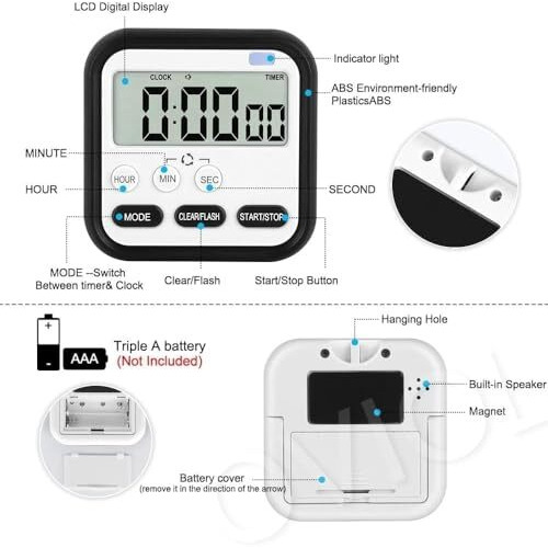 Oviol Stopwatch Timer For Study Kitchen Timer Large Lcd Screen 24Hr Digital Display Magnetic Retractable Stand Loud Alarm Stop Watch Countdown Flashing Light Study Timer For Students Cooking (Black)