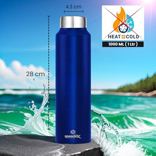 Speedex Stainless Steel Water Bottle 1 Ltr For Kids, Boys, Girls, 1 Litre Bottles For Gym, Sports, Fridge Use, School & Office - 1000Ml, Dark Blue Colour, Set Of 1, Steel Cap