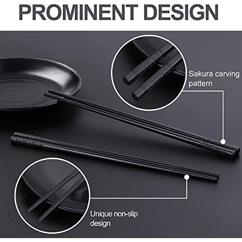 Inovera (Label) 5 Pairs Fiberglass Reusable Non-Slip Chopsticks For Sushi, Noodles, Fried Rice (24 Cm, Black)