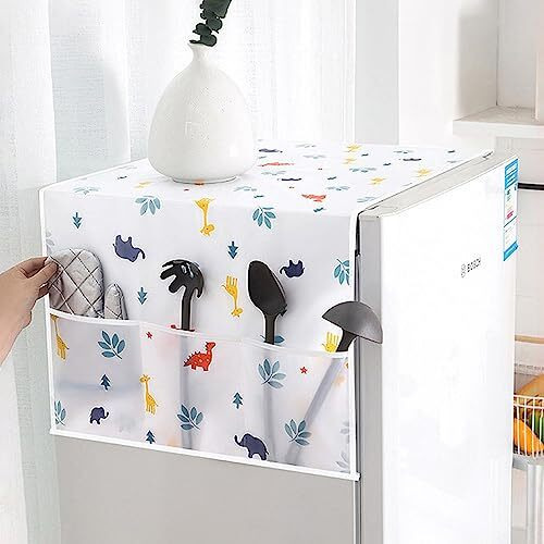 Wolpin 1Pc Fridge Cover For Top With 6 Utility Pockets Cartoon Prints Waterproof Single Door (130 X 54 Cm)